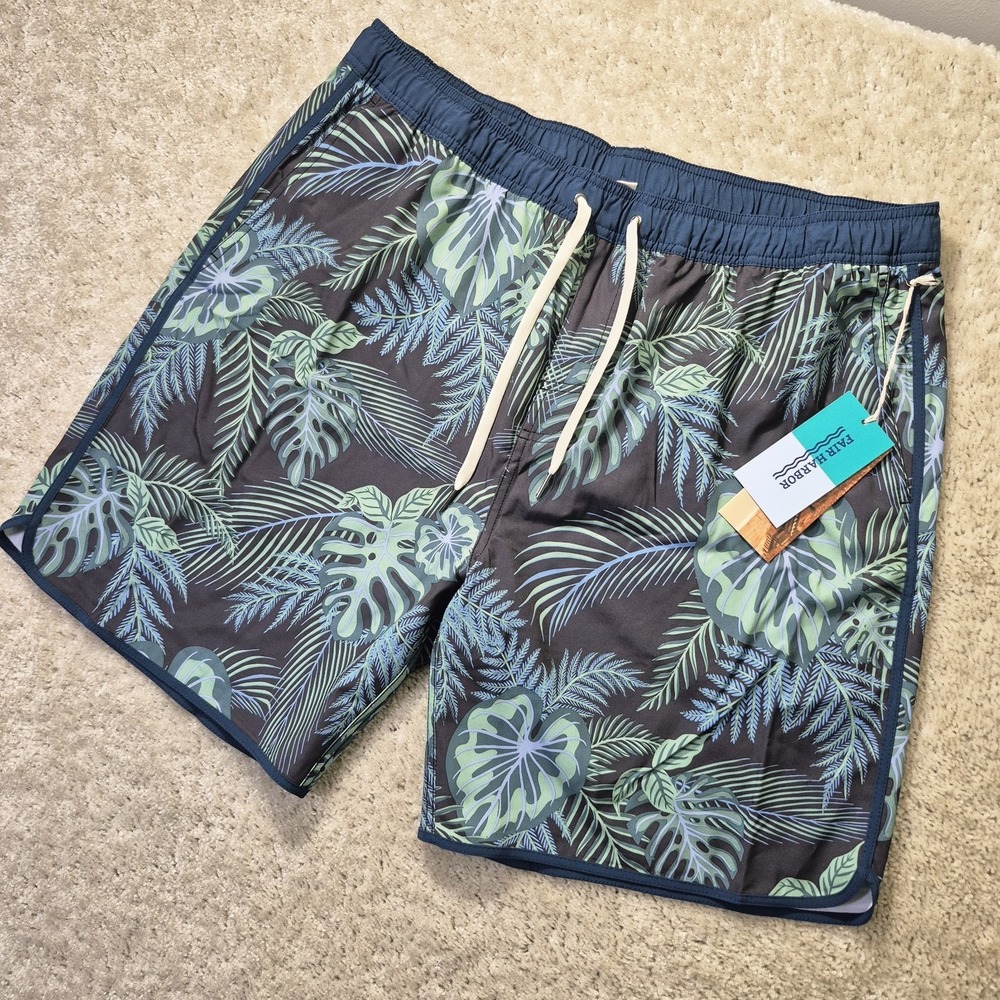 FAIR HARBOR Mens Anchor Swim Trunks Mens 3XL Green Floral Palm Lined Surf New